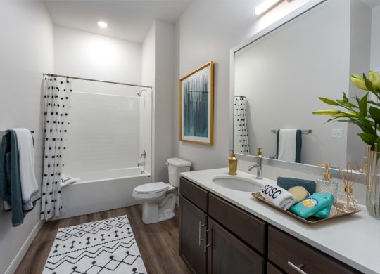 Modern bathroom granite countertop vanity, dark cabinetry, designer lighting and bathtub  at Chapter at the Streets of St Charles, Saint Charles