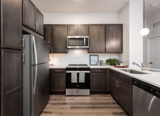 Modern kitchen with designer lighting, dark cabinetry and stainless steel appliances  at Chapter at the Streets of St Charles, Saint Charles, MO