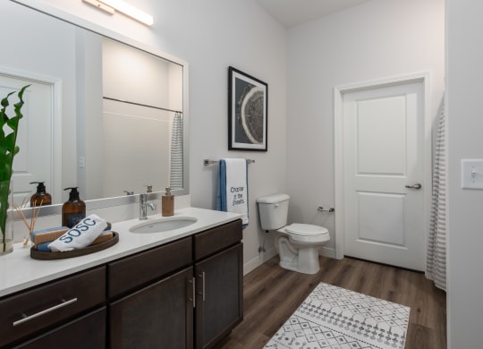 Modern bathroom with double vanity with granite countertops, dark cabinetry, designer lighting and walk in shower at Chapter at the Streets of St Charles, Missouri, 63303