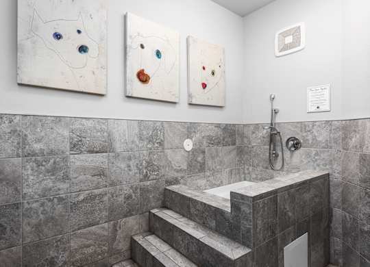 Three paintings of dogs are on the wall above a bathroom sink.