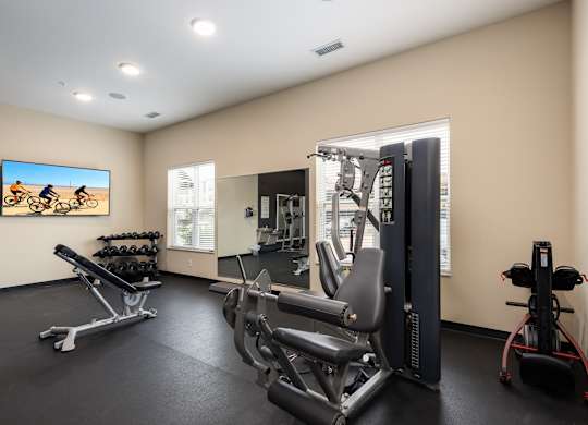A gym with a variety of equipment including a rowing machine, a leg press machine, and a bench press.