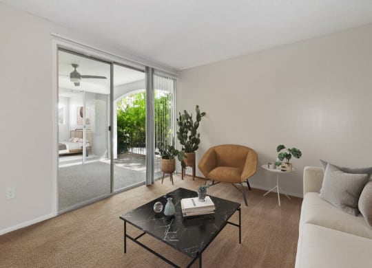Model living room with patio door