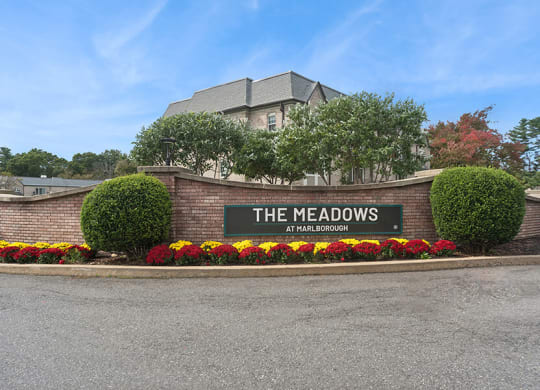 Community Monument Sign and Landscape at Meadows at Marlborough Apartments located in Marlborough, MA.