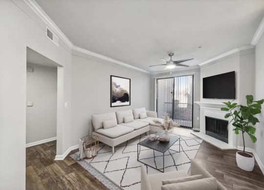 Model living room and patio door at Bridges at Oakbend, Lewisvillle, Texas