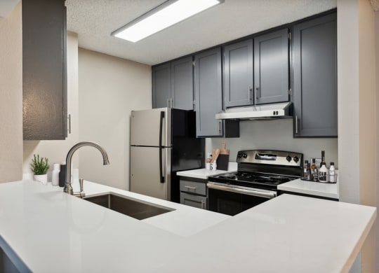 Model kitchen with dark cabinets and light countertops