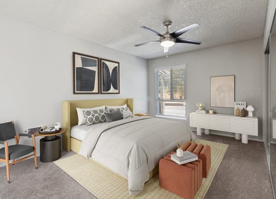 Model Bedroom with Carpet and Window View at Colonnade at Fletcher Hills Apartments in El Cajon, CA.