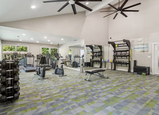 Community Fitness Center with Equipment at Lakeside Retreat Apartments located in Peachtree Corners, GA.