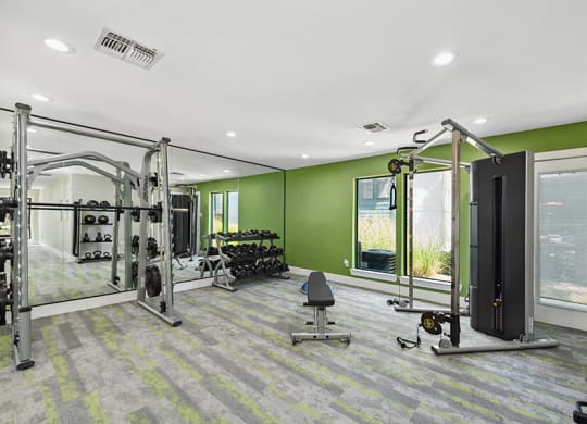 Community Fitness Center with Equipment at Bridges at Deer Run Apartments in Dallas, TX.