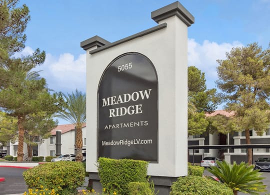 Monument Sign and Front Entrance at Meadow Ridge Apartments in Las Vegas, NV.