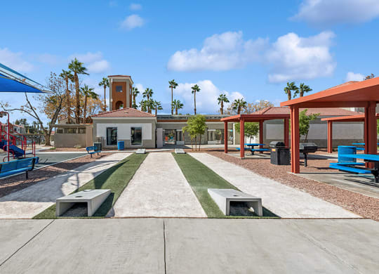 Outdoor Corn Hole Area at Stonegate Apartments located in Las Vegas, NV.