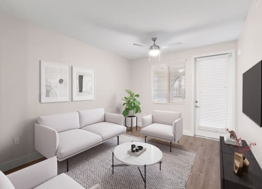Model living room space with door to patio/balcony