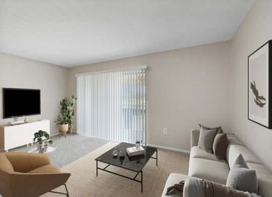 Model living room with sliding glass door