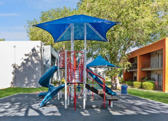 Community Playground with a Slide and Blue Canopy at Indigo Park Apartments in Albuquerque, NM.