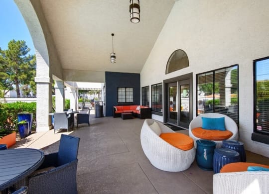 Covered outdoor poolside lounge area at Lore South Mountain, Phoenix, 85044