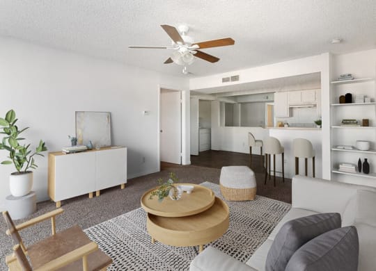 Model living room with ceiling fan