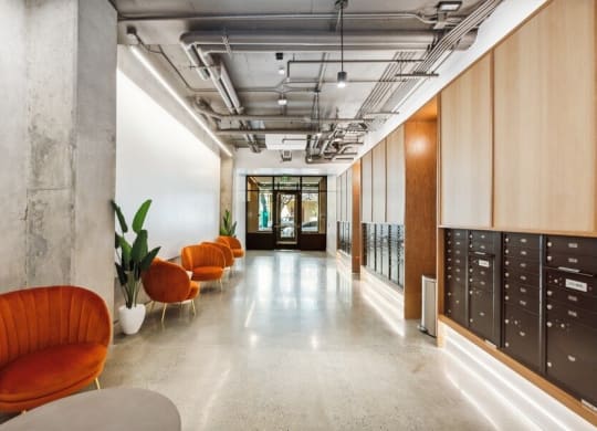 Community lobby with mailboxes at TL Residences