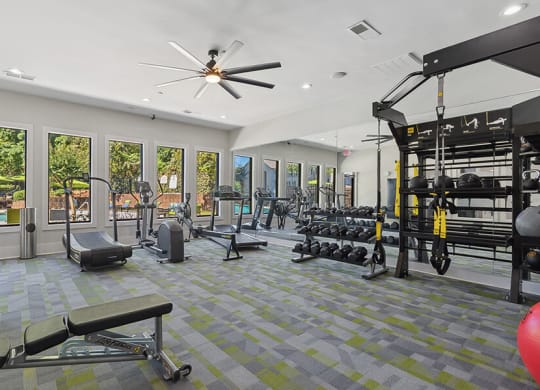 Community Fitness Center with Equipment at Retreat at Stonecrest Apartments located in Lithonia, GA.