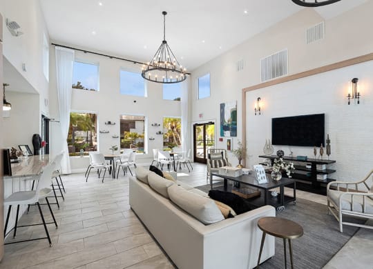 Community Clubhouse with Lounge Furniture and a TV at Rosehill Preserve Apartments in Orlando, FL.
