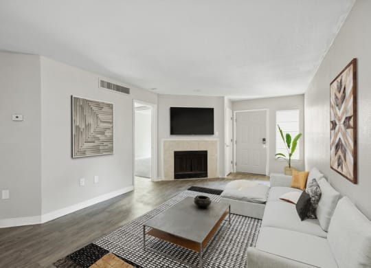 Model living room with fireplace
