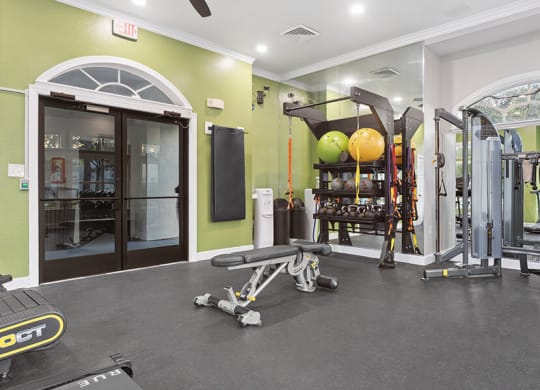 Community Fitness Center with Equipment at Vinings at Hunter's Green Apartments in Tampa, FL.
