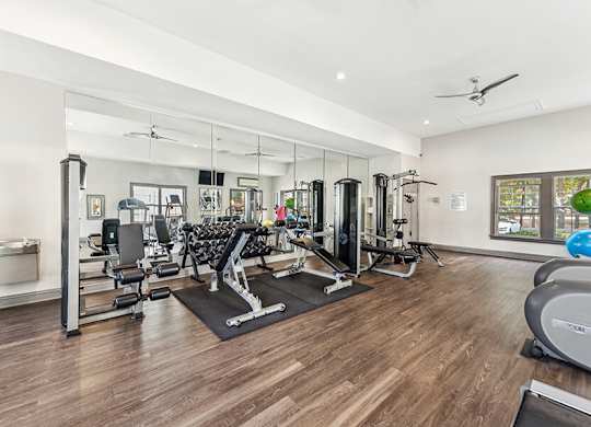 Community Fitness Center with Equipment at Lake Cameron Apartments located in Apex, NC.