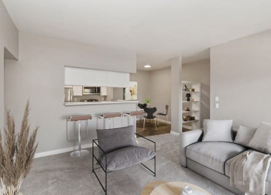 Model living room and bar seating kitchen