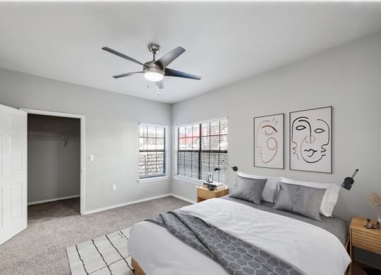 Model primary bedroom at Bridges at Oakbend, Lewisvillle, TX, 75067