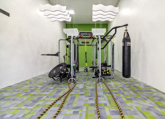 a gym with a green and gray floor and a black punching bag