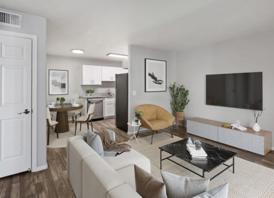 Model living room and dining room.