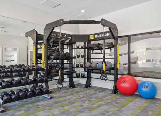 Community Fitness Center with Equipment at Retreat at Stonecrest Apartments located in Lithonia, GA.