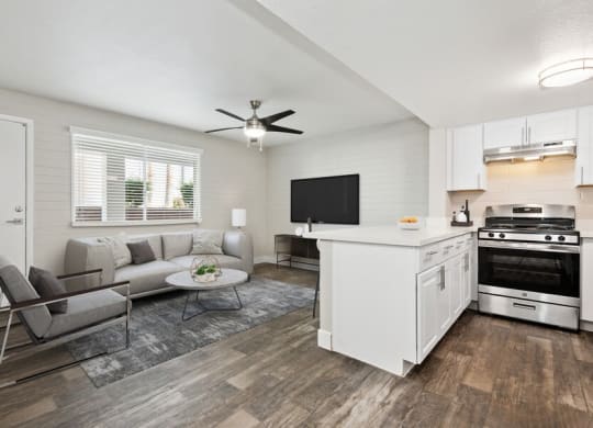 Model living room and kitchen showcasing open living space