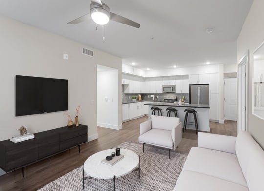 Model living room and kitchen space
