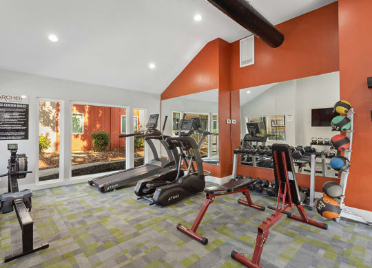 Community Fitness Center with Equipment at The Archer Apartments in Sacramento, CA.