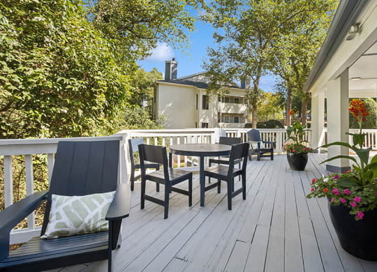 Outdoor Sundeck Area with Lounge Furniture at Arbor Village Apartments located in Charlotte, NC.