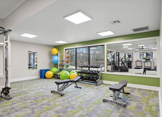 Community Fitness Center with Equipment and Mirrors at Element 41 Apartments in Marietta, GA.