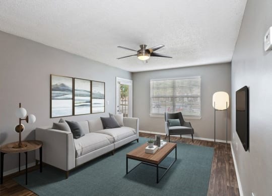 Model living room with wood floors and large carpet rug under furniture and patio door in back