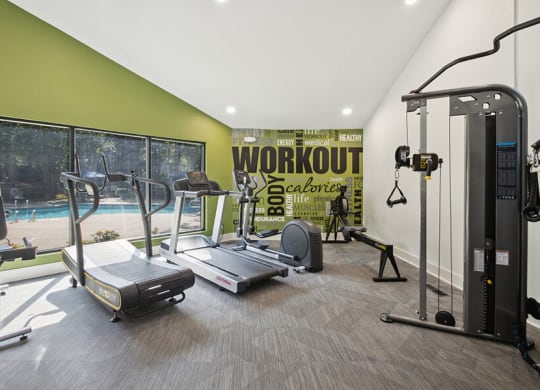Community Fitness Center with Equipment at Arbor Village Apartments located in Charlotte, NC.