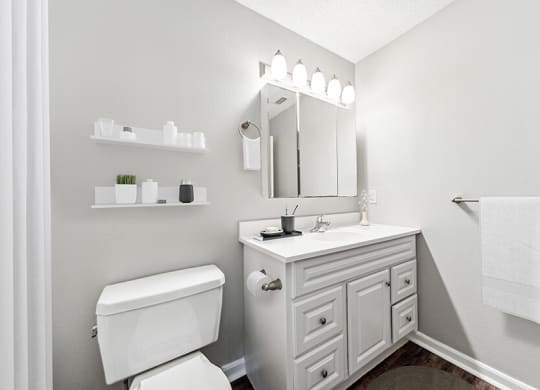 Model Bathroom with White Cabinets and Wood-Style Flooring at Commons at Haynes Farm Apartments in Shrewsbury, MA.