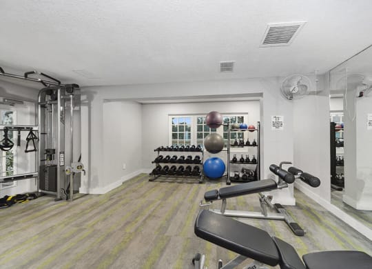 Community Fitness Center with Equipment at Walden Lake Apartments in Plant City, FL.
