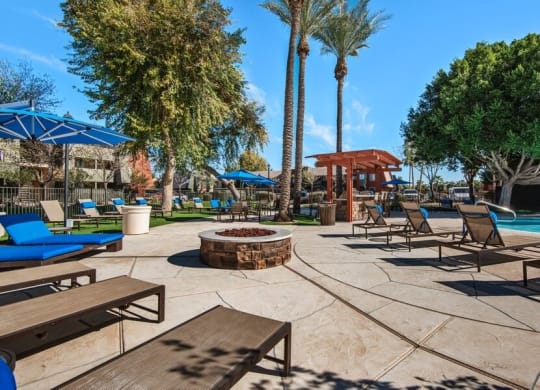 Community outdoor lounge area with firepit at Saratoga Ridge, Phoenix, AZ