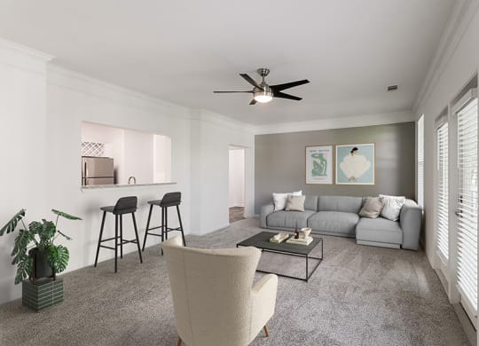Model Living Room with Carpet and Patio Accessibility at Parkside at Town Center Apartments in Marietta, GA.