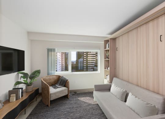 Model apartment with murphy bed stored
