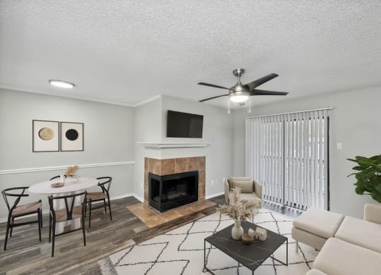Model living room with fireplace
