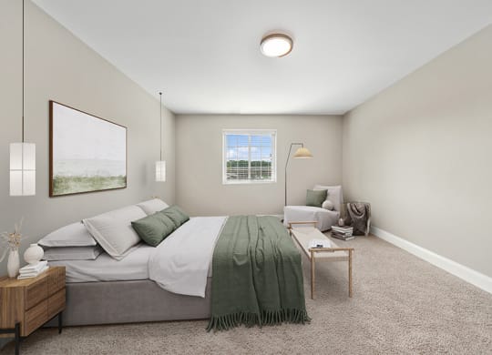 Model Bedroom with Carpet and Window View at Heights at Marlborough Apartments located in Marlborough, MA.
