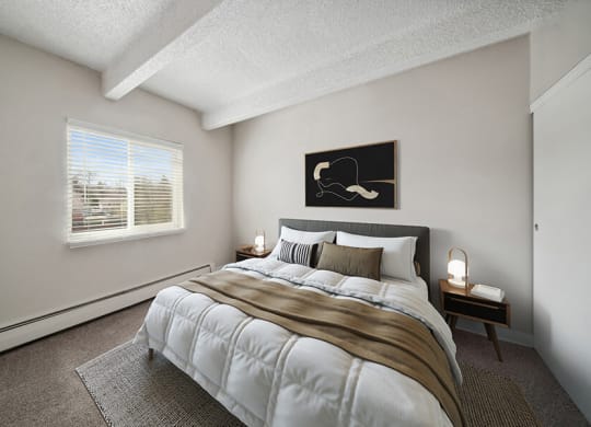 Model Bedroom with Carpet and Window View at Esprit Cherry Creek Apartments in Glendale, CO.