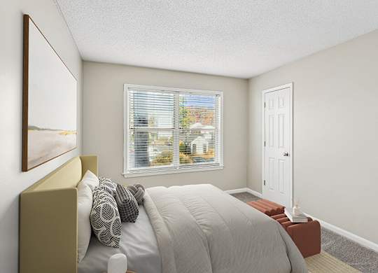 Model Bedroom with Carpet and Window View at Element 41 Apartments located in Marietta, GA.