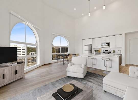 Model living room with arch windows