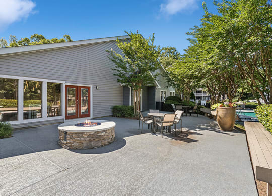 Outdoor Fire Pit Area and Lounge Furniture at Lakeside Retreat Apartments located in Peachtree Corners, GA.