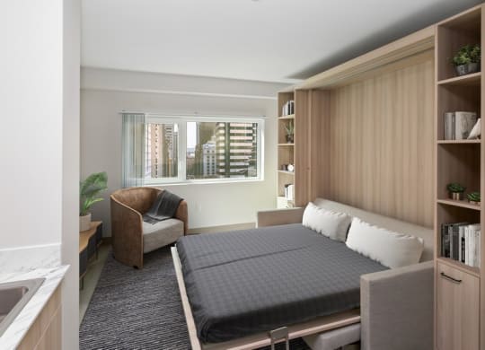 Model apartment with murphy bed down