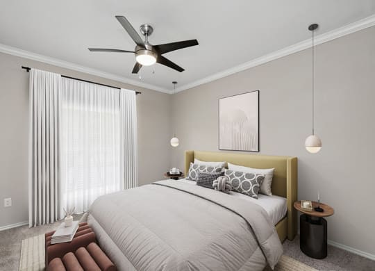 Model Bedroom with Carpet and Window View at Allure North Dallas Apartments located in Dallas, TX.